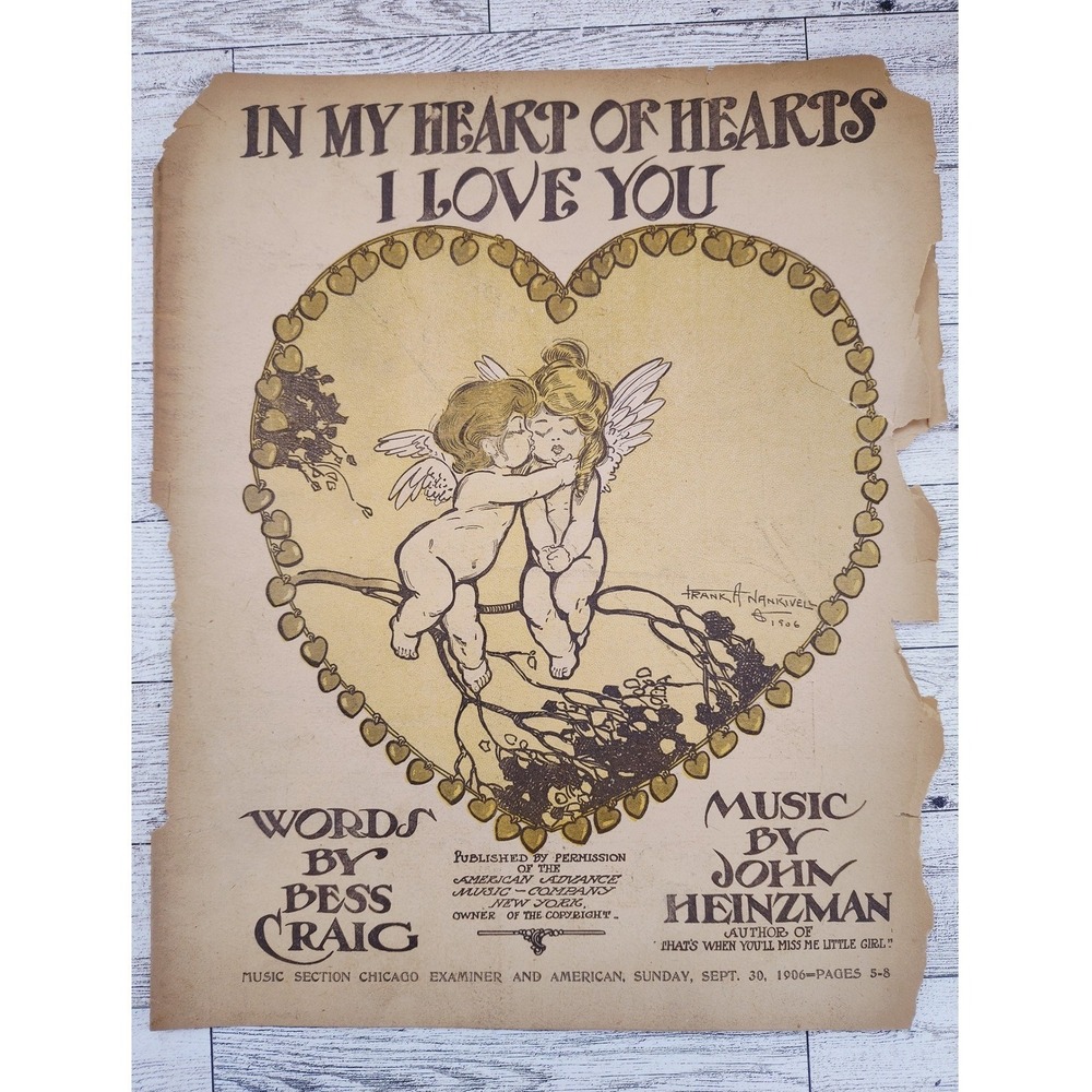 1906 In My Heart of Hearts I Love You Sheet Music Angel Cherubs Antique Decor